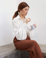 Wide-leg silk pants with high-rise waist and tailored pleats for effortless sophistication