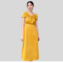 Off-shoulder silk midi dress with knotted front detail and elegant A-line silhouette