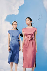 Cap Sleeve Midi Dress in Pure Silk with Waist Tie Detail