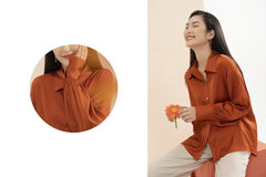 Long-Sleeve Button-Down Silk Blouse with Gathered Cuffs and Relaxed Fit Design