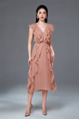 Susie V Neck Sleeveless Ruffle Formal Organza Midi Dress