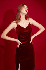 Velvet midi dress with side slit and spaghetti straps for elegant evening and cocktail styling