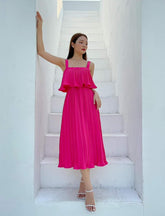 Silk pleated midi dress with wide shoulder straps and layered bodice detail