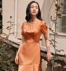 Silk Midi Dress with Puff Sleeves and Pleated Neckline