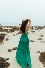 Silk Corset Maxi Dress with Ruched Bodice, Tiered Skirt, and Lace-Up Back for Elegant Events