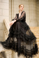 Naomi Plunge Neck Long Sleeves Ruffled Princess Dress