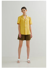Linen Blouse with Short Sleeves and Tailored Notched Collar