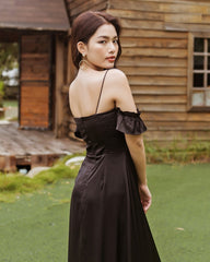 Silk Midi Dress with Ruched Bust and Ruffled Hem