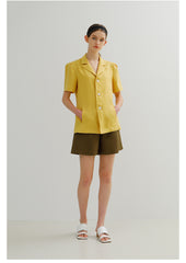 Linen Blouse with Short Sleeves and Tailored Notched Collar