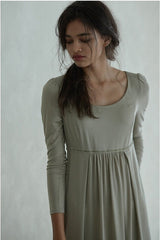 Cotton Maxi Dress with Scoop Neckline and Gathered Empire Waist
