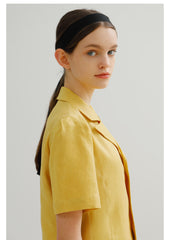 Linen Blouse with Short Sleeves and Tailored Notched Collar