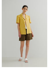 Linen Blouse with Short Sleeves and Tailored Notched Collar