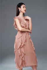 Susie V Neck Sleeveless Ruffle Formal Organza Midi Dress