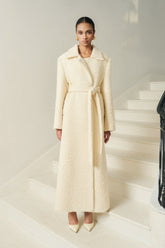 Bouclé Textured Belted Long Coat with Notch Lapel and Flattering Straight Silhouette