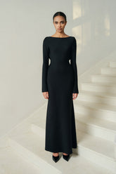 Backless Draped Maxi Dress With Pearl Chain Detail And Long Sleeves For Evening Elegance