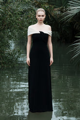 Stretch Crepe Off-Shoulder Gown With Draped Neckline And Floor-Length Silhouette