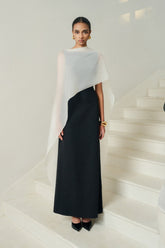 Asymmetric Evening Gown With Sheer Overlay And Open Back Tie Detail For Formal Occasions