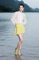 High-Waisted Mini Skirt in Structured Twill with Draped Side Detail