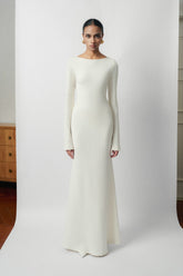 Backless Draped Evening Dress with Pearl Chain Detail and Flared Hem Silhouette