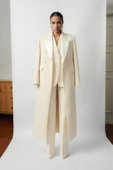 Double-Breasted Long Coat With Structured Shoulders And Peak Lapels For Elevated Layering Looks