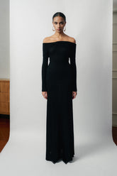 Wool Lacy Jacquard Off-Shoulder Long Dress With Fitted Bodice And Flared Hem