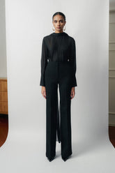 Sheer Overlay Wide-Leg Pants With Tailored Waistband and Floor-Length Panel Detail