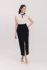 High-Waisted Pencil Skirt with Front Slit and Structured Waistband in Crepe Fabric