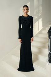 Full-length embellished evening dress with long sleeves and fitted silhouette