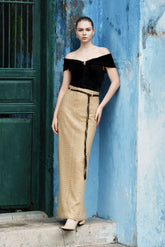 Off Shoulder Knit Top with Draped Bodice and Statement Twist Detail at Bust