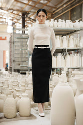 High-Waisted Midi Skirt with Structured Silhouette and Contrast Belt Detail