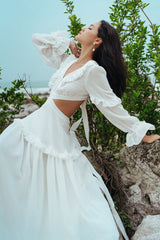 Silk Maxi Dress with Cut-Out Waist and Ruffle Trim – Long Sleeve Romantic Beach Occasion Dress