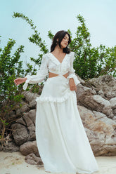 Silk Maxi Dress with Cut-Out Waist and Ruffle Trim – Long Sleeve Romantic Beach Occasion Dress