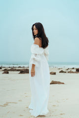 Silk Off-Shoulder Corset Maxi Dress with Button Front, Balloon Sleeves, and Front Slit for Events