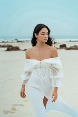 Silk Off-Shoulder Corset Maxi Dress with Button Front, Balloon Sleeves, and Front Slit for Events