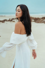 Silk Off-Shoulder Corset Maxi Dress with Button Front, Balloon Sleeves, and Front Slit for Events