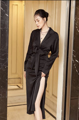 Silk midi dress with deep V-neck, front tie detail, and thigh-high slit for evening elegance