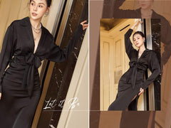 Silk midi dress with deep V-neck, front tie detail, and thigh-high slit for evening elegance