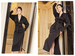 Silk midi dress with deep V-neck, front tie detail, and thigh-high slit for evening elegance