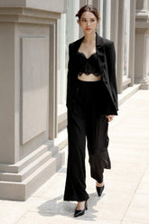 Silk lace-trimmed crop top with adjustable straps and structured bustier detail