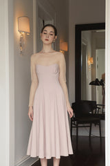 Silk organza midi dress with sheer long sleeves and sculpted sweetheart bodice detail