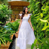 Sleeveless Silk Dress with Ruffle Sleeves and Tiered Hem for Elegant Summer Styling