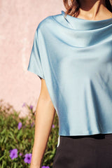 Silk Cowl Neck Top with Short Sleeves – Relaxed Fit Blouse for Elegant Day-to-Evening Looks