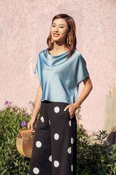 Silk Cowl Neck Top with Short Sleeves – Relaxed Fit Blouse for Elegant Day-to-Evening Looks