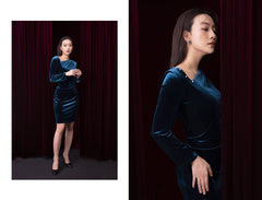 Fitted Velvet Dress with Long Sleeves and Asymmetric Neckline for Evening and Formal Wear
