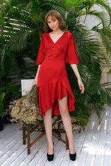 Silk midi dress with V-neckline, pearl buttons and asymmetric ruffle hem detail