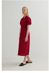 Tailored Button-Down Linen Midi Dress with Puff Sleeves