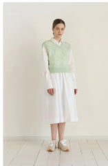 Crisp Button-Front Midi Poplin Dress with Gathered Waist
