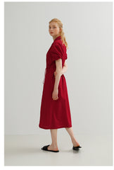 Tailored Button-Down Linen Midi Dress with Puff Sleeves