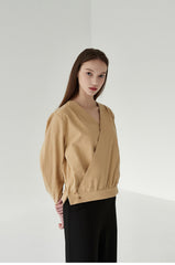 Relaxed Linen Wrap Blouse with Buttoned Cuffs