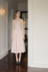Silk organza midi dress with sheer long sleeves and sculpted sweetheart bodice detail